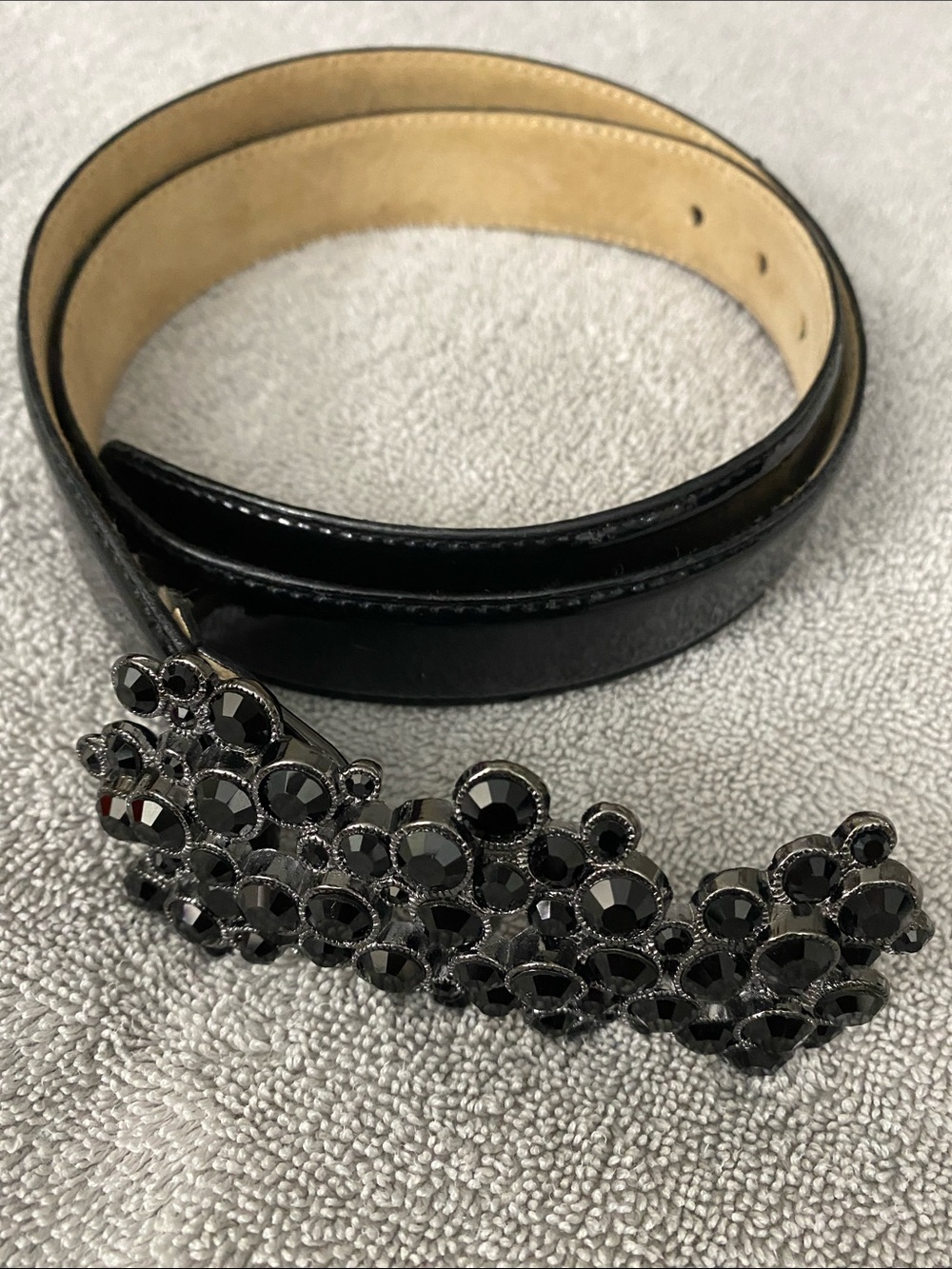 White House Black Market Black Patent Belt with Jeweled Cluster Buckle